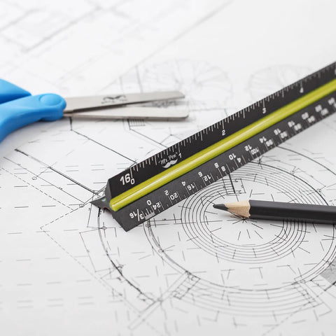 12 Inch Black Architectural Scale Ruler Triangular Aluminum Carpenter Tool With Imperial Marks for Accuracy and Durability on blueprint