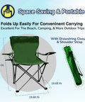 Lightweight Outdoor Folding Camping Chair With Cup Holder And Adjustable Armrests Kick Back Comfort Portable Tailgate Ready Quad Style Chair For Beach Park Sporting Events Camping And Yard Green, dimensions shown, includes carrying bag.