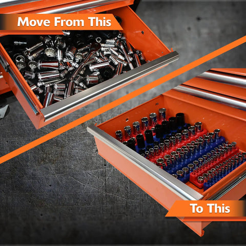 Before and after using Magnetic Socket Organizer Set 3 Piece for 1/4 3/8 1/2 Inch Drives, SAE and Metric, organized tool box drawers.