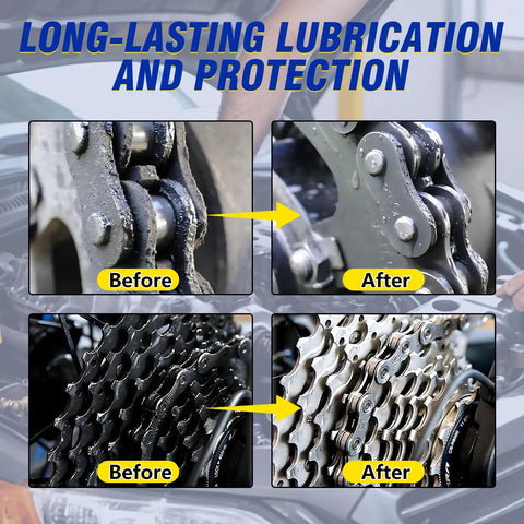 Before and after images of bike chain using All-Purpose Lithium Grease 60ml With Brush Pro Grade Garage Door And Bike Lubricant For Hinges Bearings Gears Track Rails And More Ideal For Home Marine Automotive Industrial Uses.