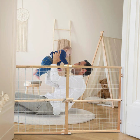 Extra Wide Wooden Baby Gate With Wire Mesh Pressure Mounted Gate For Doorways Adjustable 29.5 To 50 Inches Wide And 31 Inches Tall