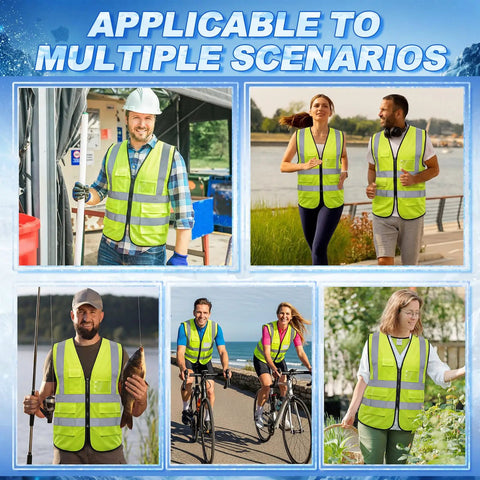 Boss-Level Cooling Vest That Holds Eight Cold Ice Packs Adds High Viz Reflective Stripes And X-Large Fit worn by various outdoor workers.