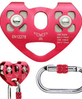 Heavy Duty Double Trolley Zipline Kit With 25kN Carabiner And Dual Tandem Pulleys shown in close-up view, red aluminum