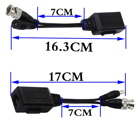 Cat5 To BNC Video Balun Kit With Power For CCTV Cameras Passive Transceiver 2 Pairs detailed dimensions 16.3cm and 17cm
