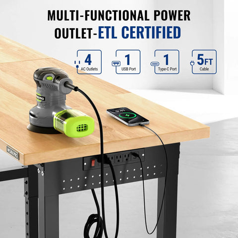 Close-up of Beefy 4000 Lb Capacity Adjustable Workbench With Power Outlet And Pegboard, Heavy Duty Steel Frame, rubber wood top.