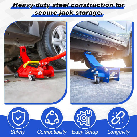 Wall Mount Jack Stand Organizer For Hydraulic Floor Jacks, Heavy Duty Car And Truck Tool Storage Rack, two jacks under vehicles