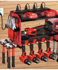 Power Tool Organizer With Charging Station And Heavy Duty Modular Wall Mount For Garage And Shed Eight Outlet Dock With Overload Protection Keeps 4 Drill Holders Ready To Roll And Gear All In One Place Perfect Fathers Day Gift For Dad Him Husband, showing drills and tools organized on a wooden wall.