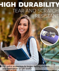 Woman holding notebooks, showcasing printable vinyl sticker paper for inkjet and laser printers, white matte 8.5x11 inch sheets.