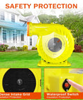 Heavy Duty 2HP Inflatable Air Blower For Big Bounce Houses showing dense intake grid and waterproof switch for safety protection.