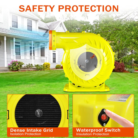 Heavy Duty 2HP Inflatable Air Blower For Big Bounce Houses showing dense intake grid and waterproof switch for safety protection.