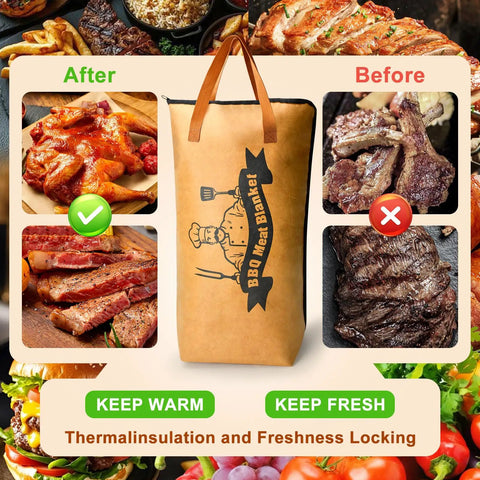 BBQ meat thermal blanket before and after grilling, showing meat freshness with 21 Inch BBQ Thermal Blanket For Resting Meat And Heat Resistant Nonstick Grill Tool Set For Outdoor Camping And Backyard Grilling Reusable Waterproof Heavy Duty Barbecue Gear Gift For Dad And Grill Fans