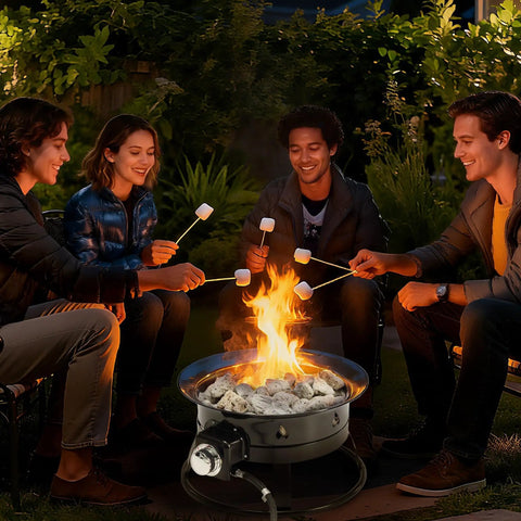 People using 19 Inch Portable Propane Fire Pit Smokeless Round Fire Bowl With Cover And Carry Kit 58,000 BTU outdoors
