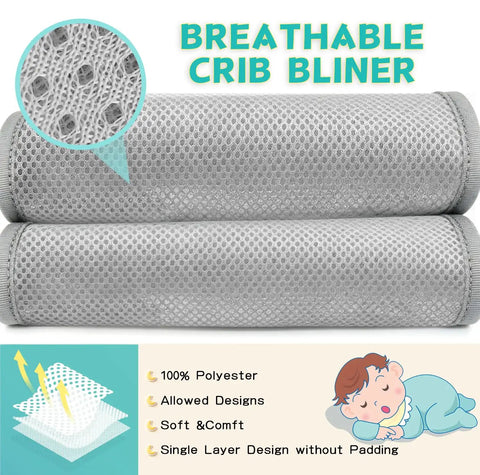 Breathable gray mesh toddler bed rail protector shown rolled, highlighting soft 100% polyester fabric for crib safety.