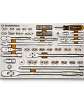 Amps Up Your Workshop Setup With This Badass 132 Piece Mechanics Kit Featuring Smooth Shifting 120xp Ratchets And Hi Viz Sae Metric Wrenches For 14 38 And 12 Inch Drives In Rugged Foam Trays. Complete mechanics tool layout with ratchets and wrenches.