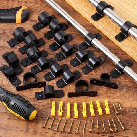 Pipe clamps 50-pack black 1/2-inch for PEX, copper and CPVC pipes with screws and yellow anchors (top view).