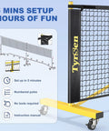 All In One Pickleball Net Set On Wheels For Driveway Or Backyard With 22 Foot Regular Size Includes 4 Paddles 6 Balls 12 Court Markers And A Durable Carry Bag For Indoor Outdoor Play, highlighting wheeled base and net setup.