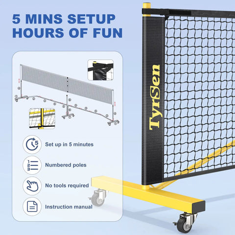 All In One Pickleball Net Set On Wheels For Driveway Or Backyard With 22 Foot Regular Size Includes 4 Paddles 6 Balls 12 Court Markers And A Durable Carry Bag For Indoor Outdoor Play, highlighting wheeled base and net setup.