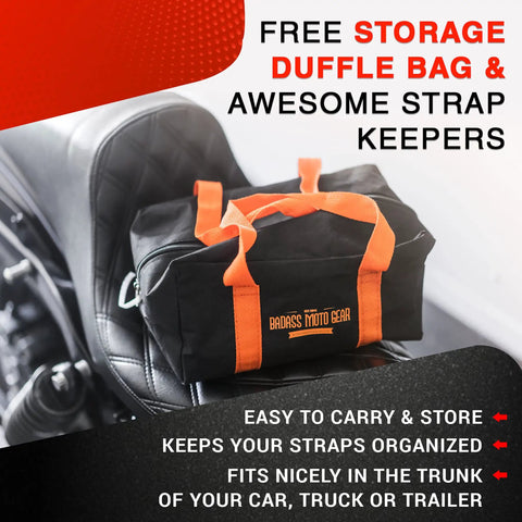 Beefy Heavy Duty Ratchet Straps 4 Pack With Wide Padded Grips And Easy Release Lever bag on motorcycle seat.