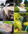1.35 Gallon Pump Pressure Sprayer With Adjustable Shoulder Strap And Nozzle Safe Valve Rugged HDPE Build in use for various tasks like car washing, pet bathing, deck cleaning, and plant watering