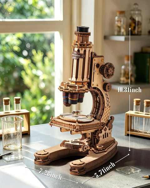 One To One Scale Wooden Puzzle Microscope Kit With 40X To 400X Magnification, 11.81-inch tall desk display