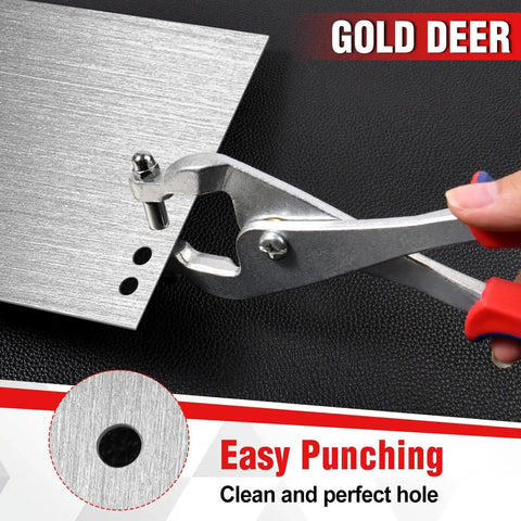 Beefy Built To Last Ceiling Grid Punch Pliers Kit With 3.3mm Hole Punch for Rivets and Metal Sheet. Shown punching metal sheet.