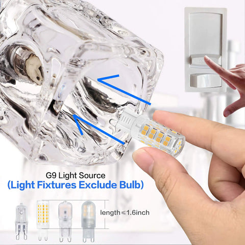 Close-up of G9 light bulb insertion in Crystal 4 Light Bathroom Vanity Fixture with chrome finish and glass lampshade