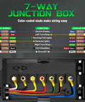 7-way junction box with color-coded studs for easy wiring, part of Heavy Duty 8 Foot 7 Way Trailer Plug With Junction Box And Detachable 7 Pin Wiring Harness.