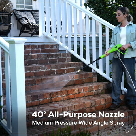 Woman using Ultra Compact 1700 PSI 1.2 GPM Pressure Washer for Quick No Fuss Home Cleaning and Patio Care on brick stairs