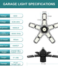 Ultra Bright 4 Pack 180W Led Garage Lights 36000LM With E26 E27 Base Deformable showing specifications chart