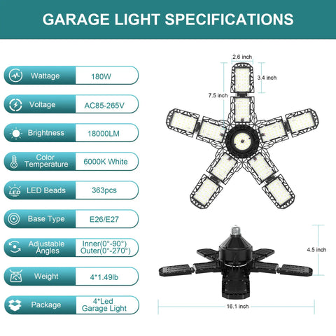 Ultra Bright 4 Pack 180W Led Garage Lights 36000LM With E26 E27 Base Deformable showing specifications chart