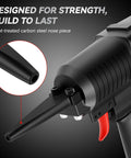 Heavy Duty Pneumatic Nail Gun And Nail Remover With Extra Driver And Bumper, long nose feature close-up for 1 to 4 inch nails.