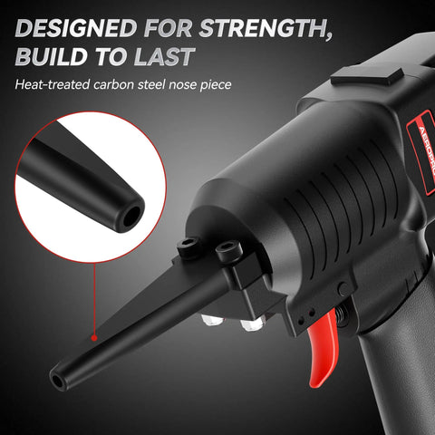 Heavy Duty Pneumatic Nail Gun And Nail Remover With Extra Driver And Bumper, long nose feature close-up for 1 to 4 inch nails.