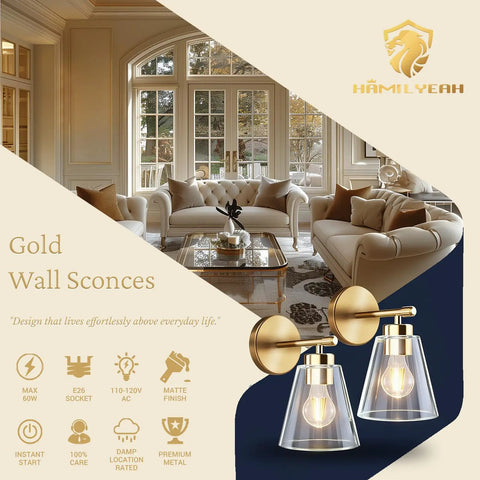 Gold Wall Sconces Set Of 2 Modern Industrial Brass Wall Lamps For Bedroom Living Room Kitchen Over Sink Hallway With Clear Cone Glass Shades Warm Ambient Lighting Easy Install Perfect For Bath Vanities