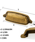10 Pack 3 Inch Antique Brass Cup Pulls With Aged Gold Finish dimensions and side view showing solid heavy duty cabinet handles.