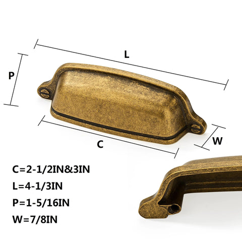 10 Pack 3 Inch Antique Brass Cup Pulls With Aged Gold Finish dimensions and side view showing solid heavy duty cabinet handles.