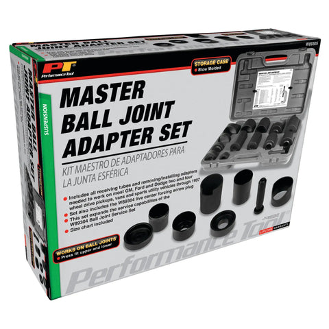 Master Ball Joint Adapter Set for GM Ford and Dodge Trucks Vans and SUVs through 1997 product packaging with adapters visible