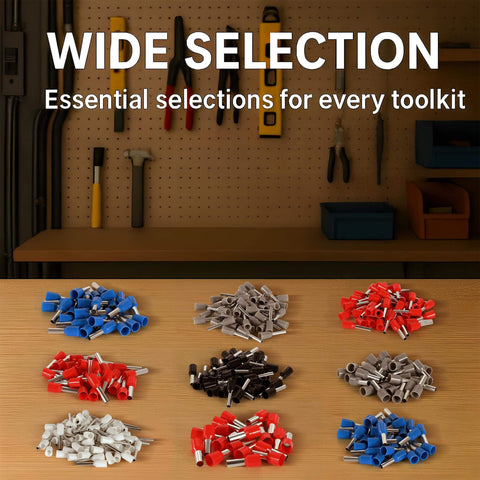 Assorted wire ferrules in various sizes for Ferrule Crimping Tool Kit For Wire Ferrules AWG 22 To 8 With 8 Ferrule Sizes
