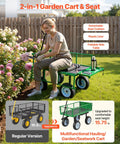 Person using Beast Mode 500 Lbs Garden Cart With Seat, 2-In-1 Wagon And Stool in garden, showing flat-free wheels and adjustable handle.