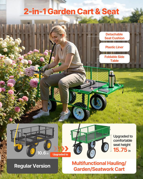 Person using Beast Mode 500 Lbs Garden Cart With Seat, 2-In-1 Wagon And Stool in garden, showing flat-free wheels and adjustable handle.