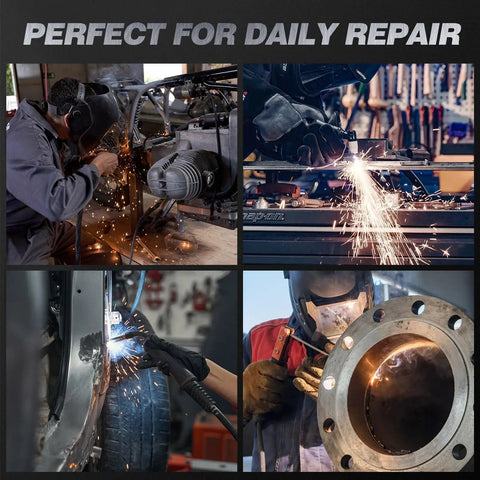 Workers using 9 In 1 MIG TIG Stick Plasma Cutter Welding Machine With App Control for various welding tasks in a garage setting.