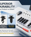 100 Piece Car Bumper Clips Kit and removal tool with open case showing assorted fasteners, highlighting anti-fracture durability.