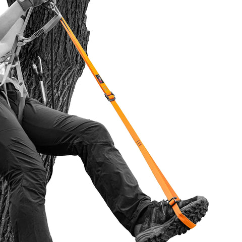Orange Foot Loop Ascender Sling for Rope Climbing Adjustable 88 to 125 cm used by climber on tree