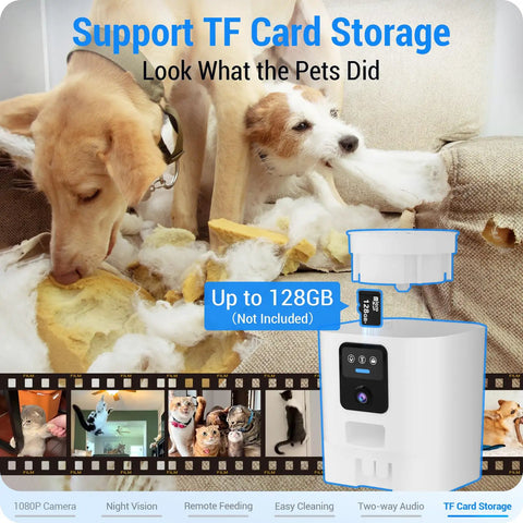 Game Changing Automatic Cat Feeder With 1080P Camera And Night Vision 5G Wifi Smart Dog Food Dispenser 7L with pets playing on couch.