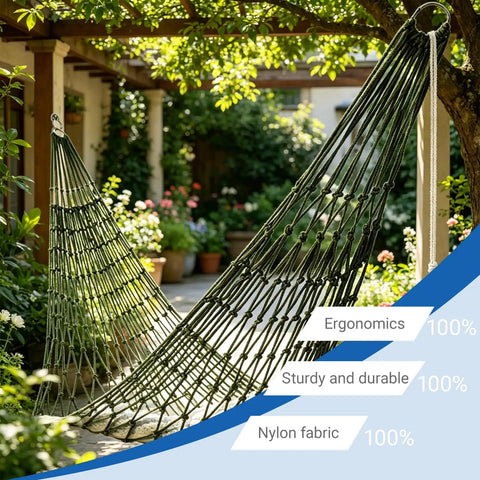 Breathable Mesh Hammock With Nylon Net For Easy Setup Rope Style Hang Loose Outdoors 98 X 31.5 Inches 100 Kg Capacity Perfect For Camping Backyard Tree Hanging Olive Green shown in garden setting