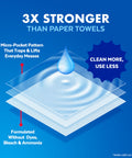 Illustration of disinfectant wipes micro-pocket layers highlighting antibacterial power with text '3x Stronger Than Paper Towels'.