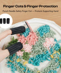 Dope All In One Punch Needle Kit with finger cots protecting hand during embroidery on floral fabric.