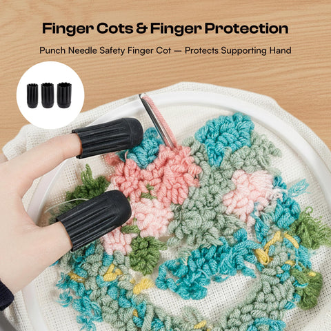 Dope All In One Punch Needle Kit with finger cots protecting hand during embroidery on floral fabric.