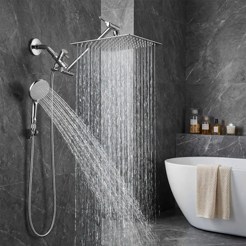 High Pressure Rainfall Shower Head Combo With Handheld Spray, 10 Inch Rain Face And 11 Inch Extension Arm in bathroom setting