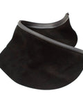 Black leather welding helmet neck protector with press fit seal, long design, cut to size, adjustable fit, steel reinforced mount.