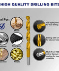 Front view of titanium-coated twist drill bit with 135° point; suited for wood, aluminum, fiberglass, cast iron, plastic